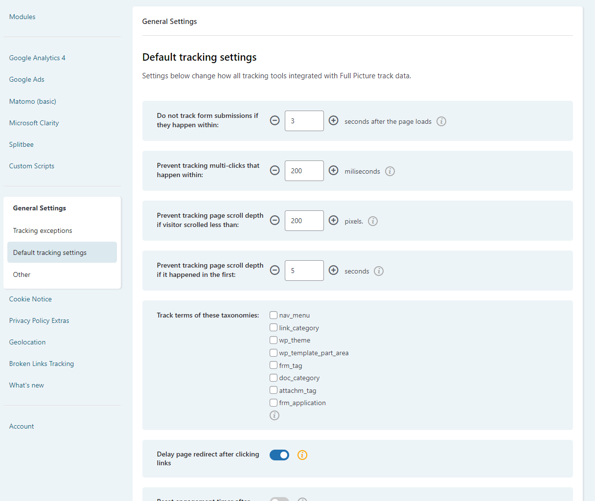 default tracking settings screen in full picture admn panel