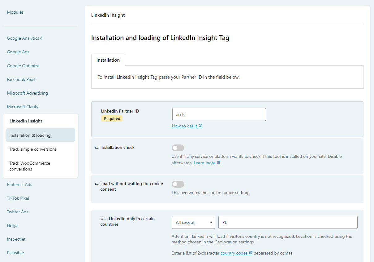 linkedin insight tag wordpress integration settings page