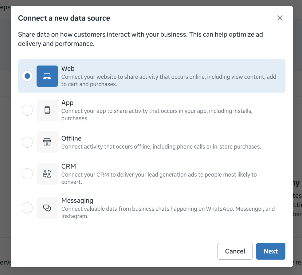 meta events manager setup add pixel web