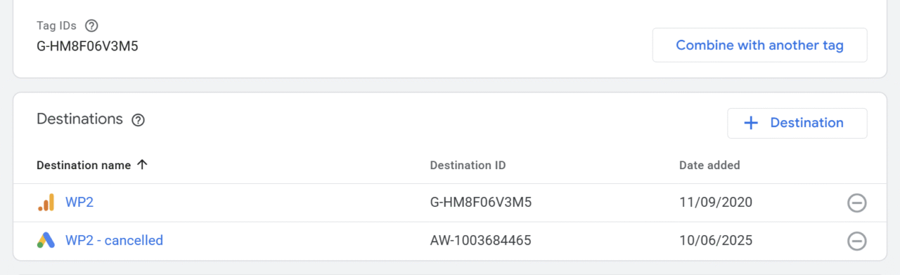 How to remove destinations from a combined Google Tag 1 gtag combined tags