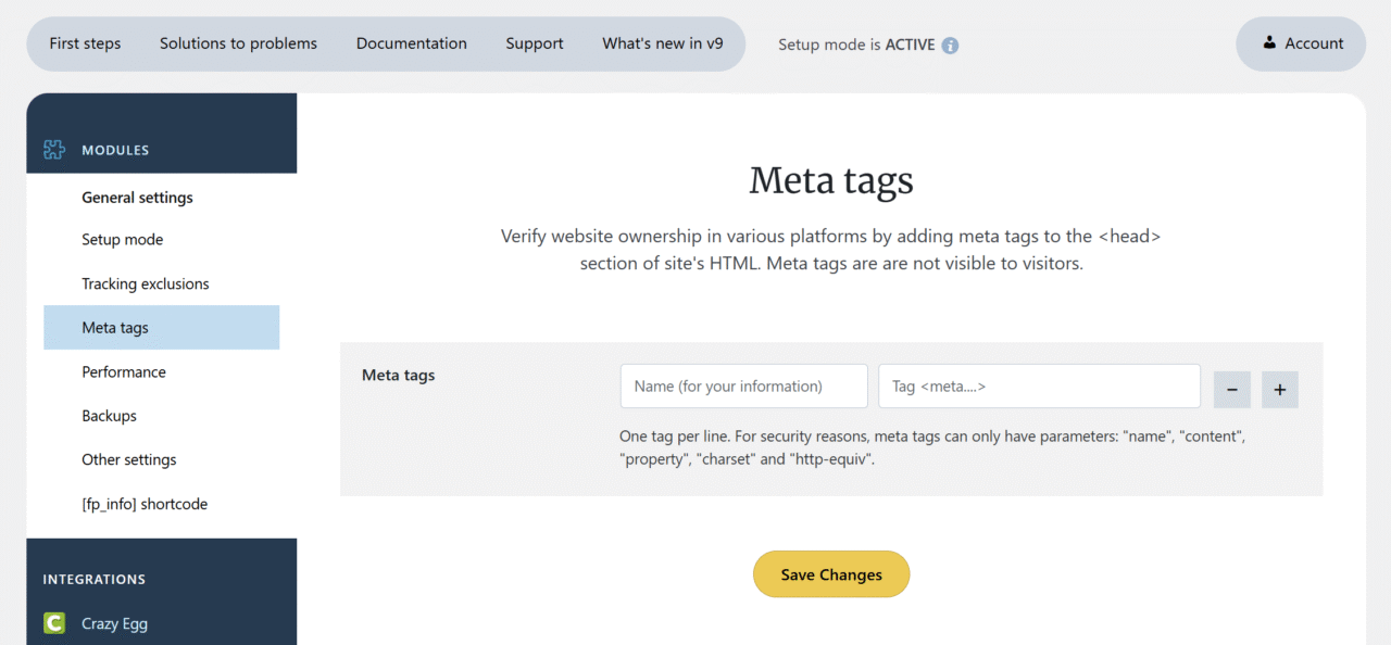 Meta tags section
