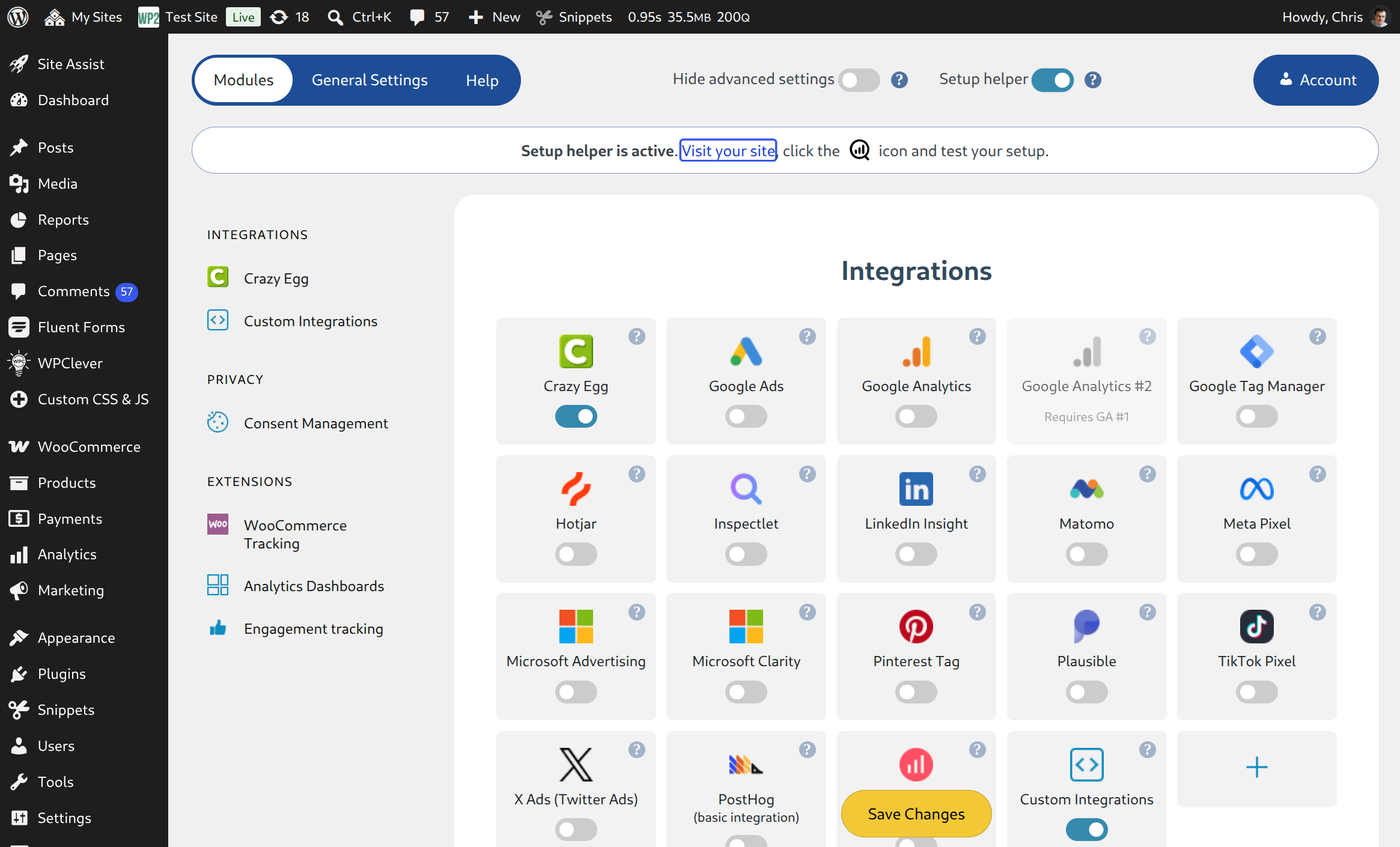 How to block tracking tools before consent 2 WP Full Picture settings page with a list of modules and enabled setup helper